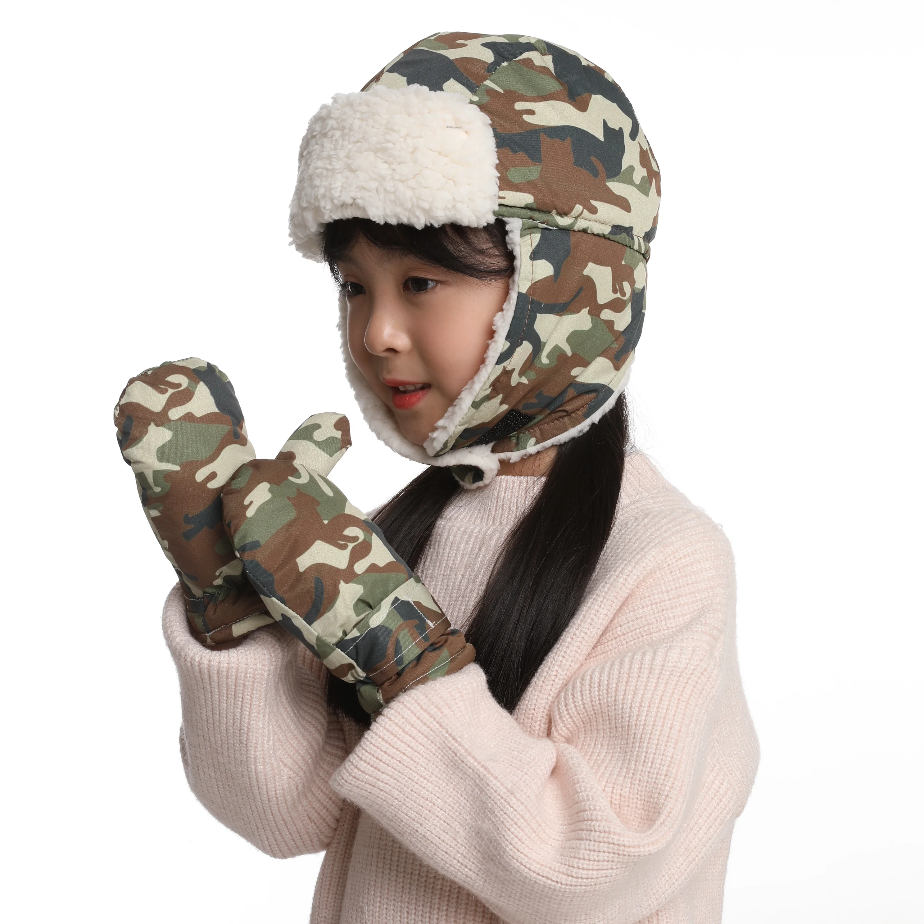 kids Water repellent  hat mitten sets for snowing play waterproof toddle children fleece Russian warm thermal baby Amazon