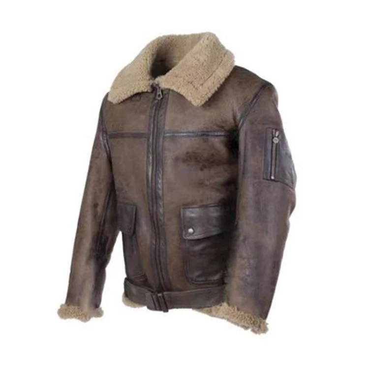 Hot Selling  Warm Sheepskin Filling  Men Winter Biker Style Vintage Fur Jacket Clothing Aviator Plus Size Leather Jacket