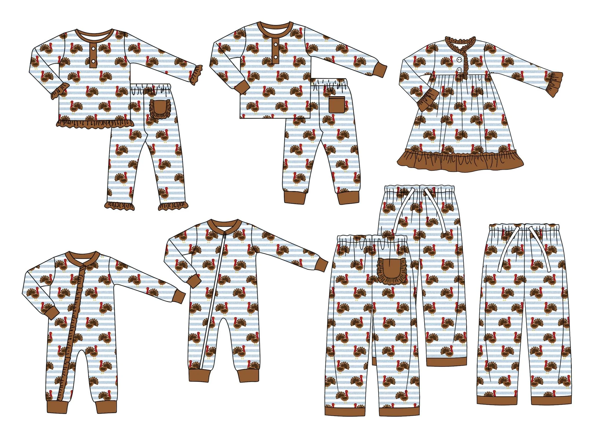 Preorder Thanksgiving Day turkey brown boy girls 2 piece pajamas outfits baby sleepers sibling matches new  kids clothes styles