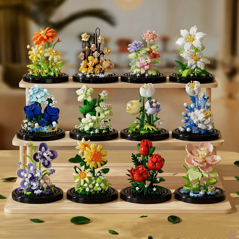 Intelligent eternal flower decor diy assemble plant flower bricks toy gift rose music box building block set