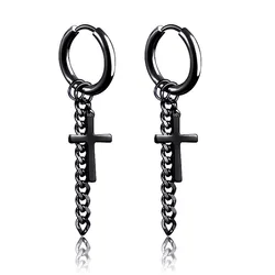 Mens Long Earings Stainless Steel Earrings Men Stud Chain Clip Dangle Punk Earrings For Men Black