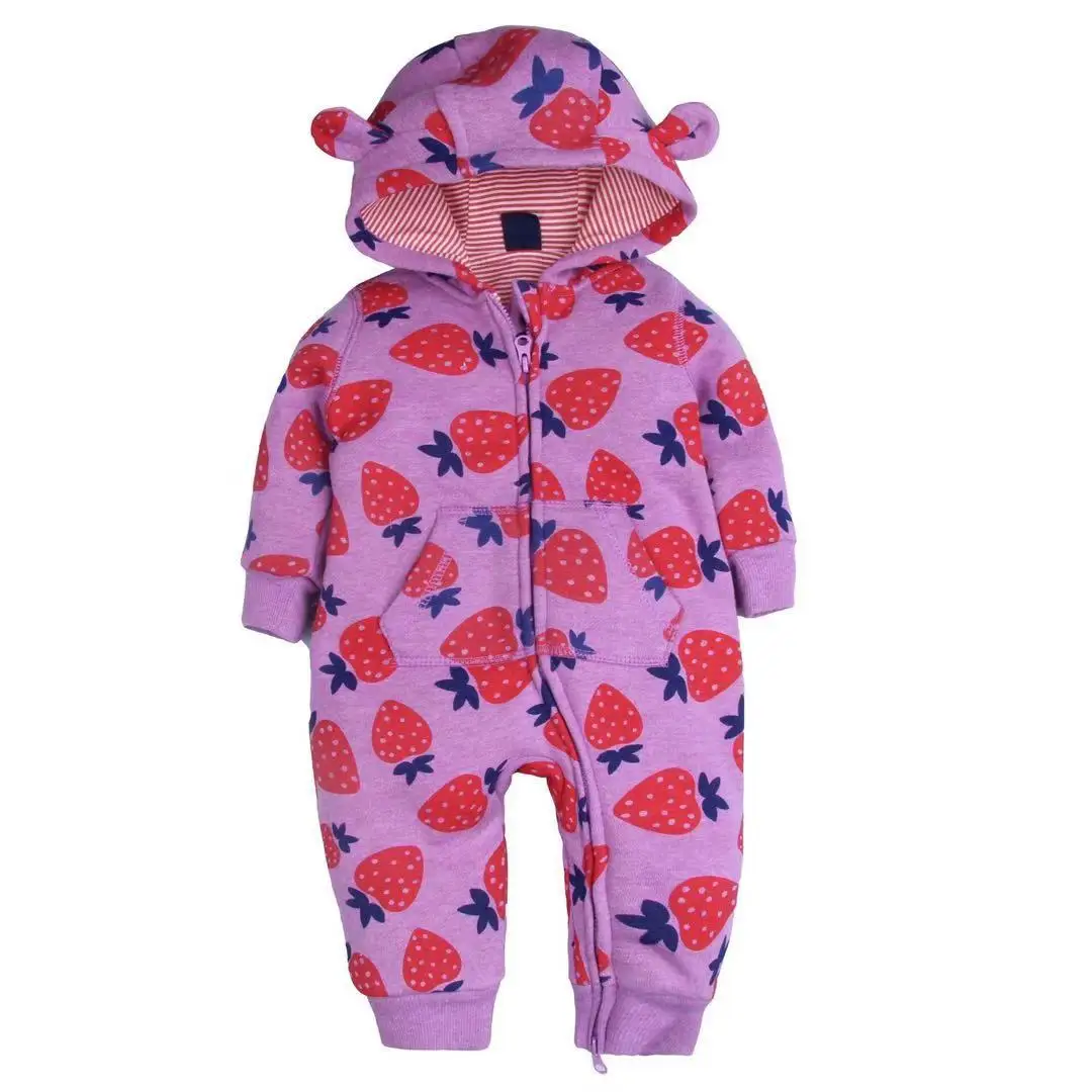 Hot sale China winter baby cotton romper printed cartoon double layers hoodie newborn baby romper