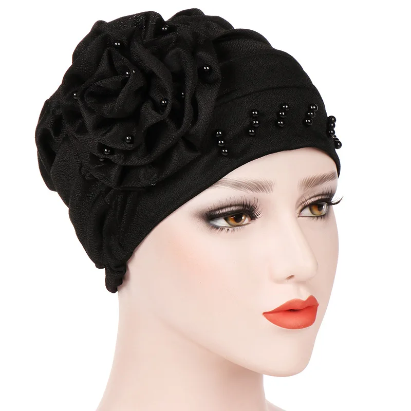 Elegant Solid Color Muslim Women Hijab With Pearls On Side Ladies Turban Hat With Knitted Flower Decoration