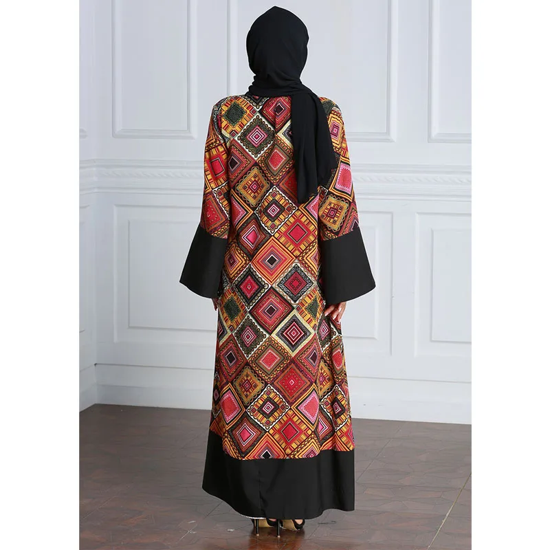 Women Long Cardigan Printed Geometric Red Muslim Dresses Hijab Dress Abayas Caftan