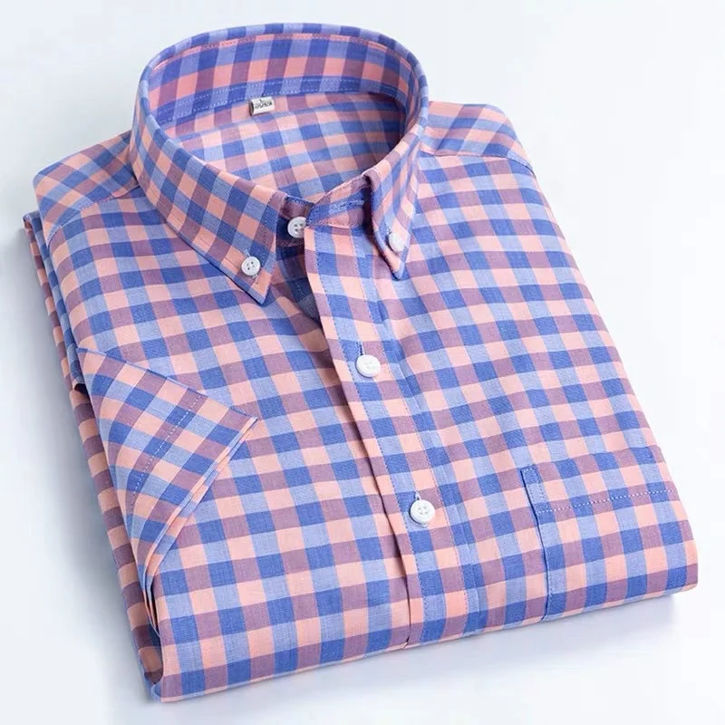 8Xl Oversized Button Up Shirt Plaid 100% Cotton Mens Shirts Short Sleeve Casual Slim Fit Men Half-Sleeved Korean Clothes