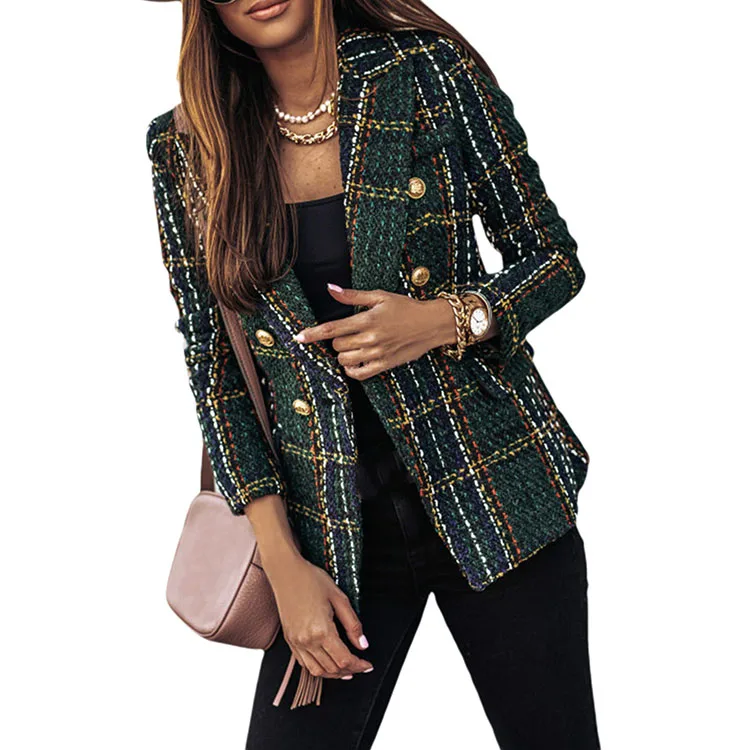 Vintage Elegant Double Breasted Women Blazer,Plus Size Women Clothes Formal Plaid Lapel Blazers for Womans 2022