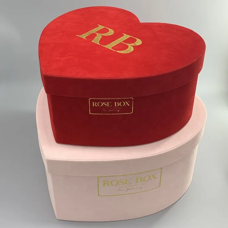 Wholesale high quality red velvet heart shaped flower box with insert foam for preserved roses