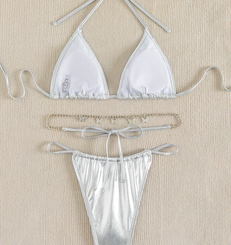 NEW STOCK Ties Details Basic Swimsuit Metallic Bikini Set Jewel Ties Belt Silver 3Pieces Swimwear