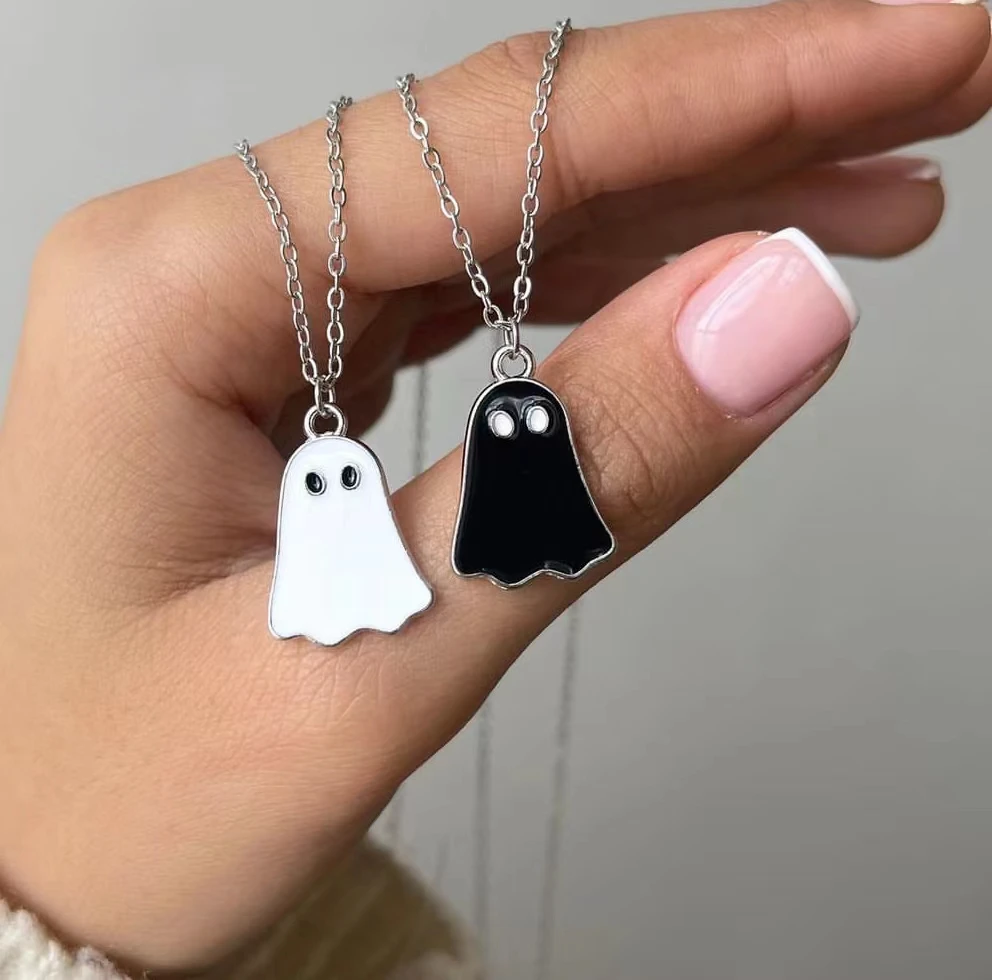 Black and white cute stainless steel epoxy Ghost halloween necklace pink for  girls women accessories gift jewelry
