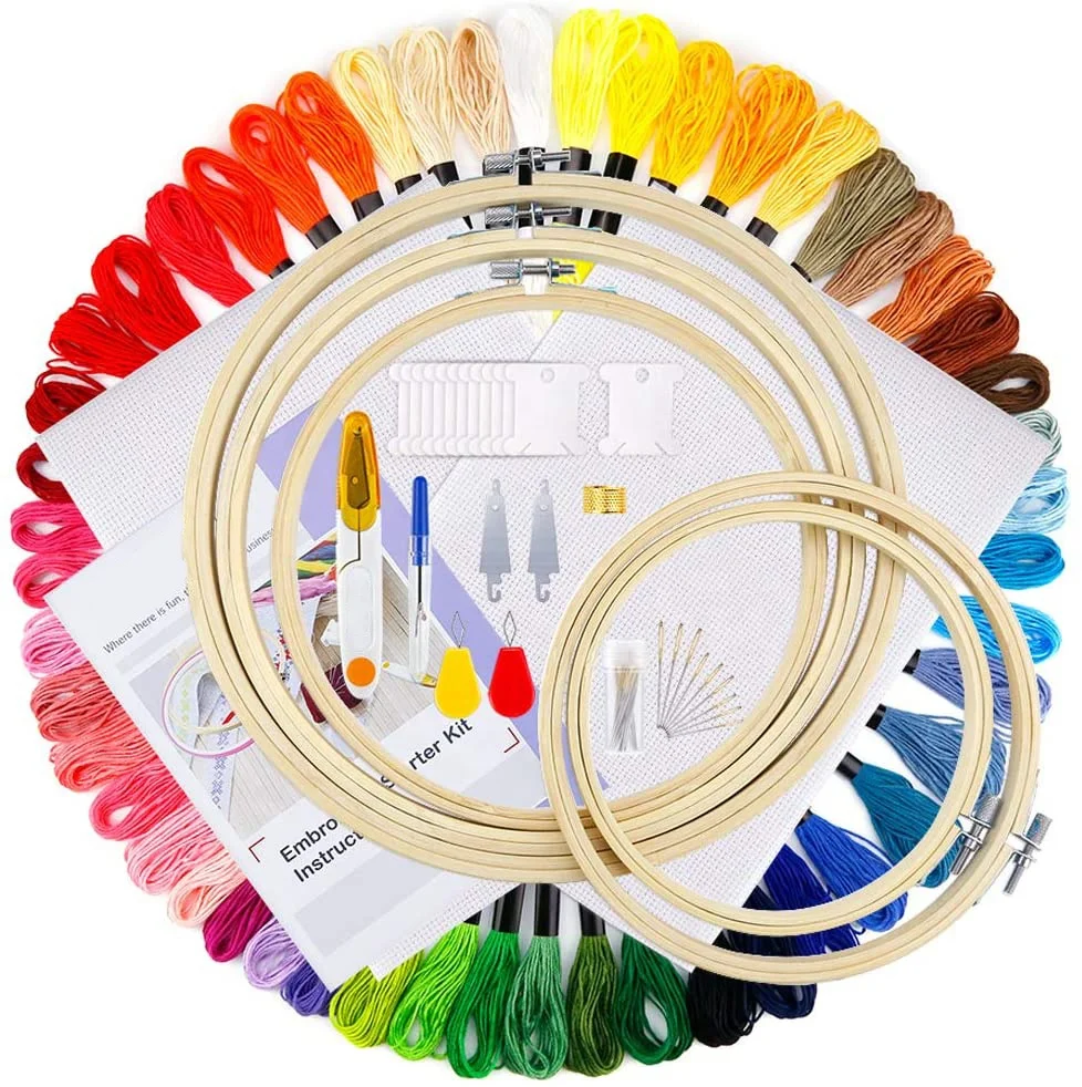 
Complete beginner embroidery kit-50 Color Threads,5 Pieces Bamboo Embroidery Hoops& 2 Pieces Aida Cloth 