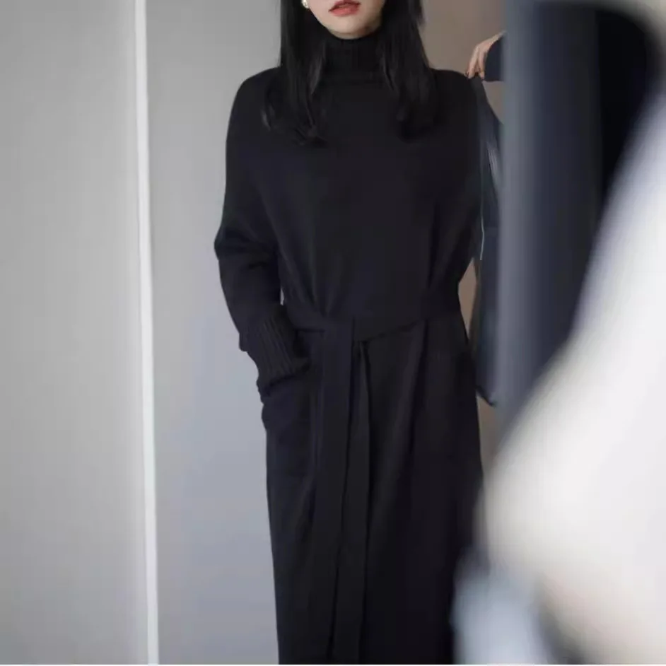 2025 Spring New Arrival Fashion Lady High Heck Long Sleeve Super Long Slim Fit Women  Sweater Dress
