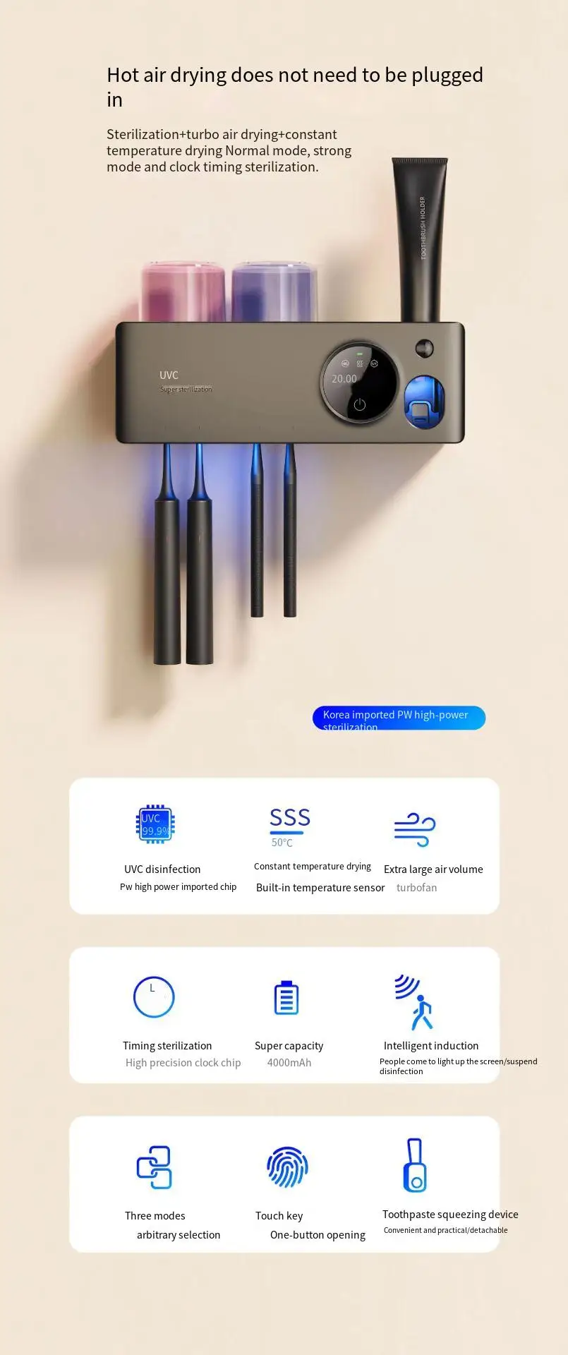 2023 Hot Sell Wall Mounted Uv-disinfecting  Toothbrush Sanitizer  Multi-Functional  Sterilizer With Toothpaste Dispenser