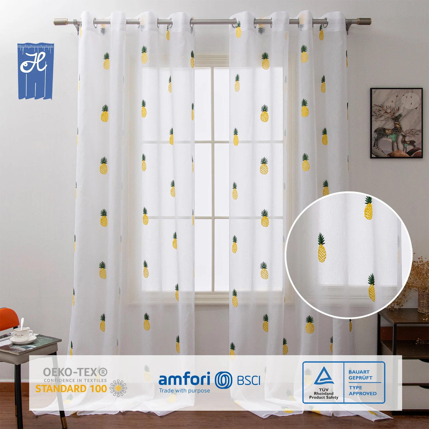 Wholesale Pineapple Fruit Design Cheap Xmas Christmas Decor Sheer Curtains Tulle Embroidered Drapes For Living Room Window