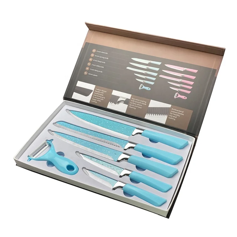 Factory Wholesale 6PCS Stainless Steel Kitchen Knife Set With Holder Non-Stick Coating Chef Knife PP Handle Kitchen Knives
