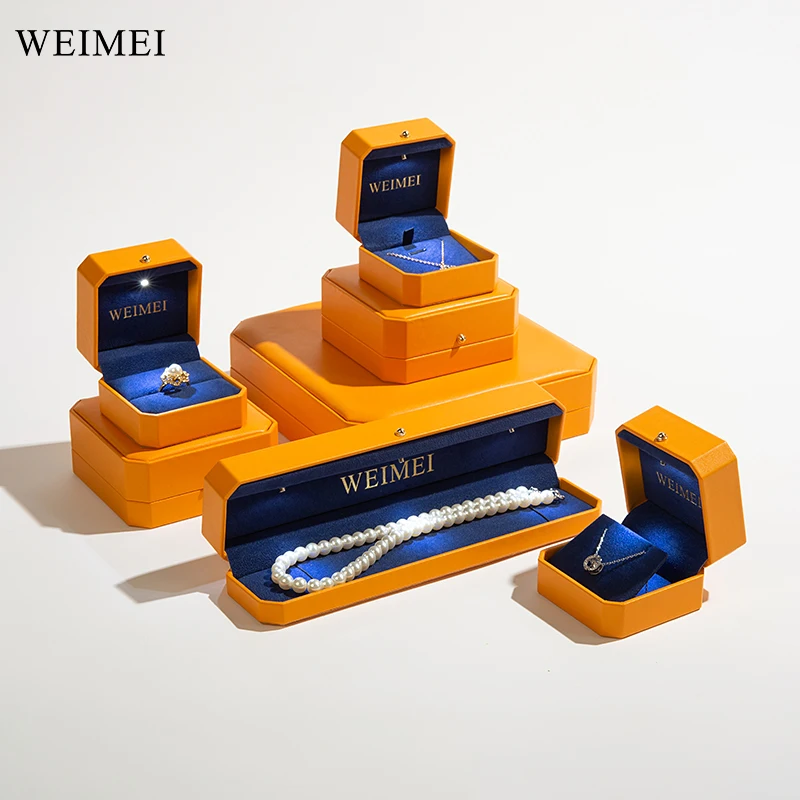 WEIMEI Jewelry Box Factory Luxury octagonal orange pu leather package custom ring earring diamond light jewelry box with light