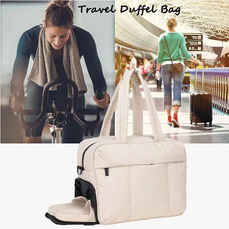 Travel Duffel Puffer Tote Bag Quilted Cotton Gym Bag Women Carry on Light Winter Padded Shoulder Bag with Shoe Compartment