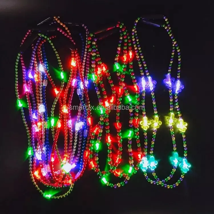 2023Hot Light Up Beads Necklace Pendant LED Lighted Mardi Gras Bead Necklace Carnival Mardi Gras Party LED Glowing Bead Necklace