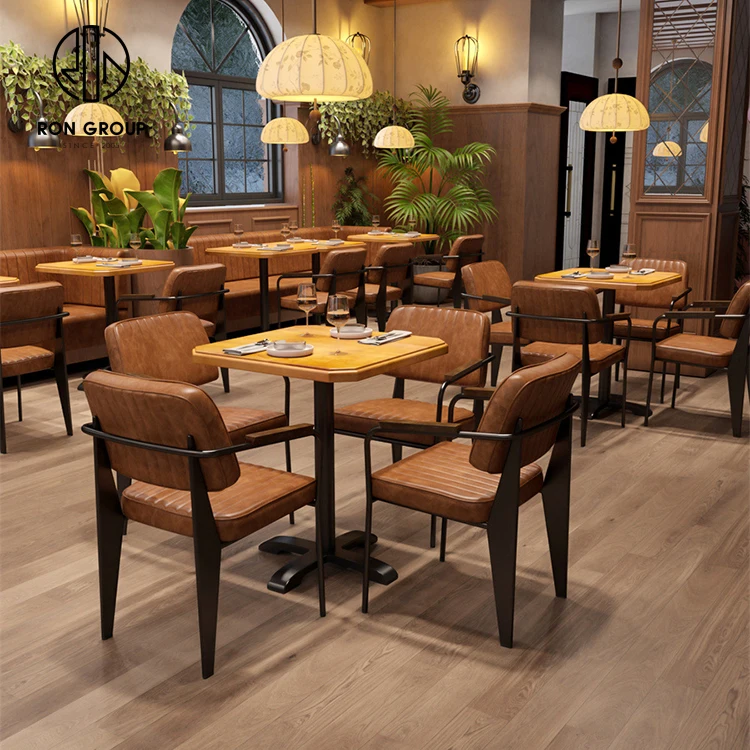 China modern pizza luxury coffee tea shop cafe leather wood square restaurant furniture bench sofa seating table and chair set