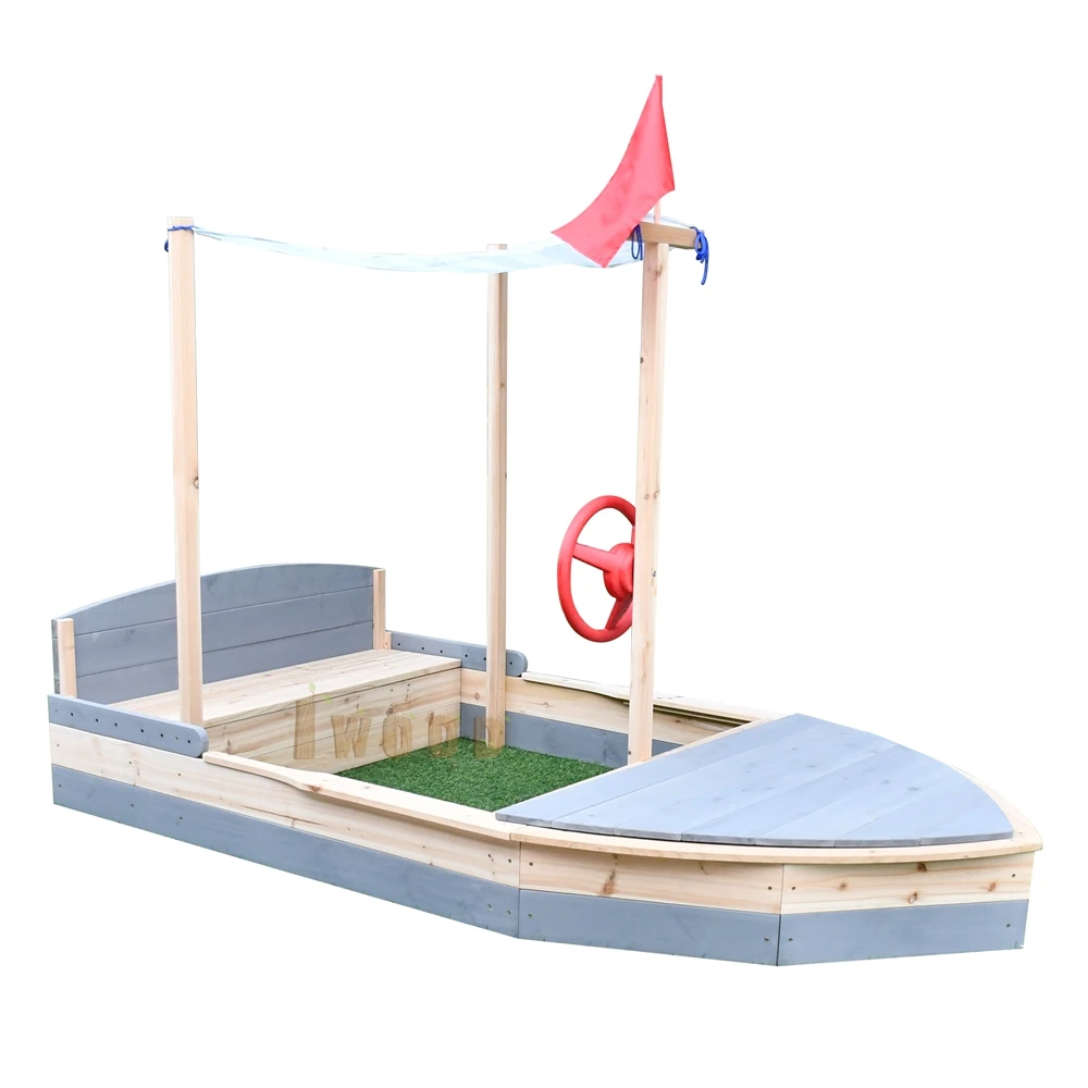 Newest Design Outdoor Wooden Boat Sandbox with Storage for Children