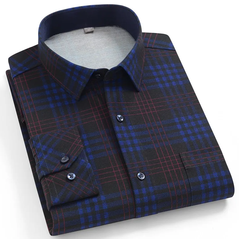 Check Slim Fit Cotton Business Casual Plus Size Long Sleeve Shirt For Men