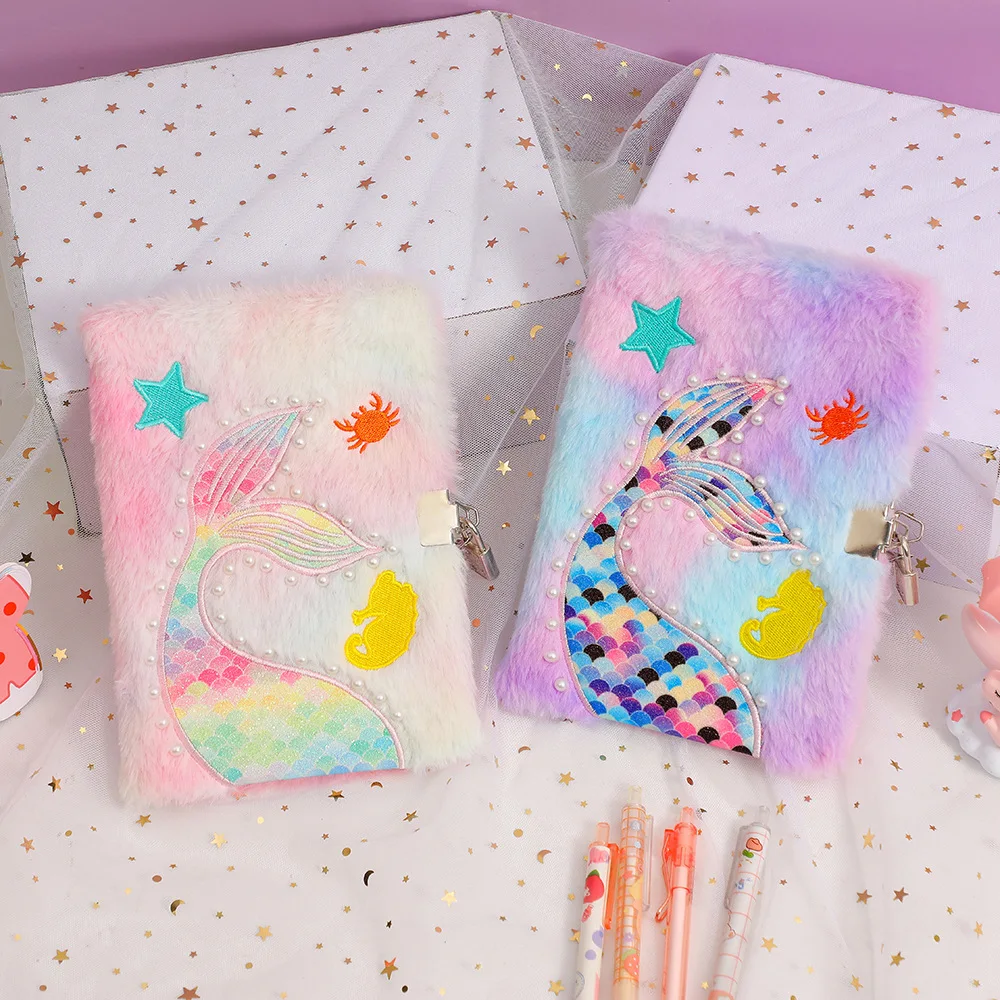 2023 красочный Жемчуг Русалка хвост плюшевый блокнот девушка мультфильм дневник с замком детский Блокнот подарок