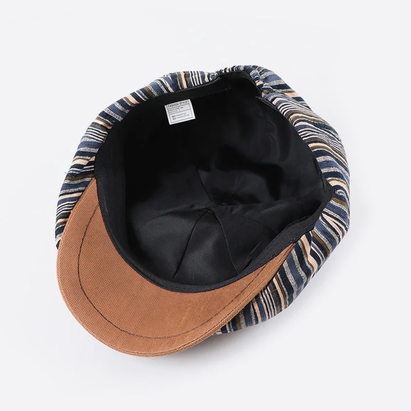 Autumn new womens retro vintage short brim newsboy cap striped british octagonal painter hat