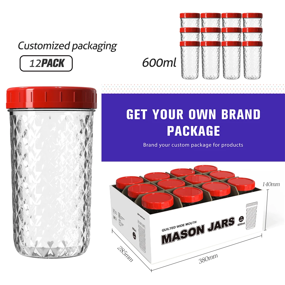 Wholesale 600ml 20 oz Glass Mason Jars With plastic Lids Canning Jars for Jam Honey Cookie Jelly Pickle Caviar chilli sauce