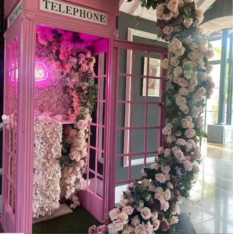 Outdoor pink red antique phone booths streetscape london wedding decoration  british telephone booth