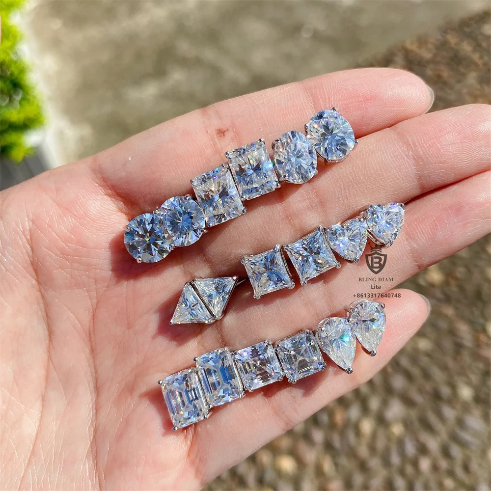 Fashion jewelry pass diamond tester radiant cut emerald cut 925 sterling silver moissanite stud earring