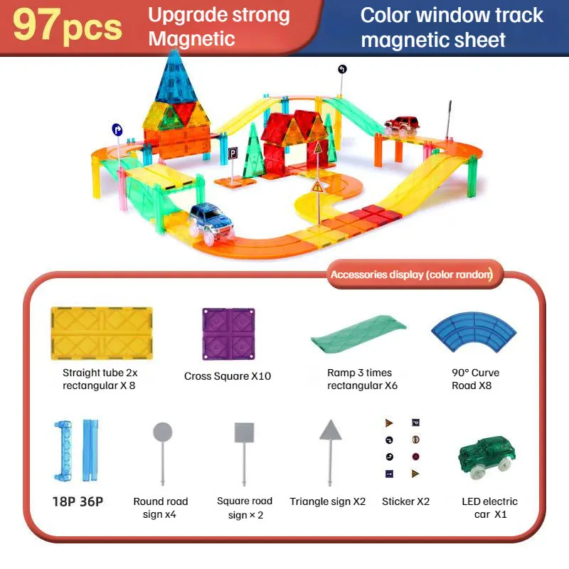 2024 Best Selling Factory Price Colorful Magnetic Tiles Set Race Track Car Magnet Building Block Toy for Kids