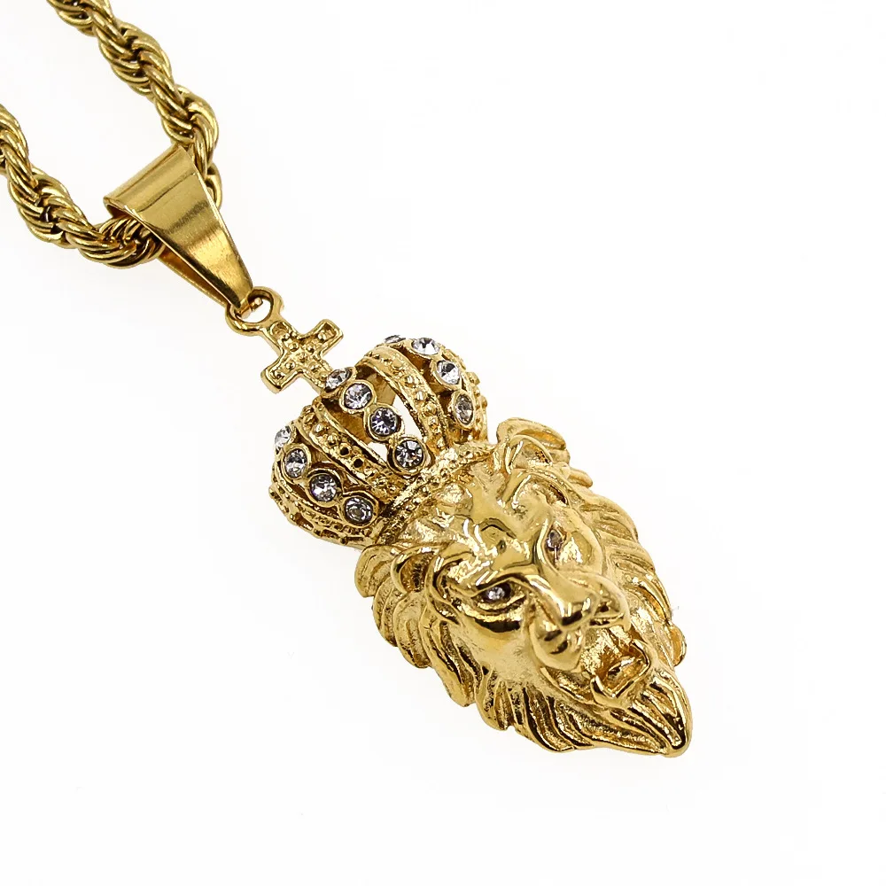 Hip hop Gold plated 316L stainless steel  lion pendant with diamond crown