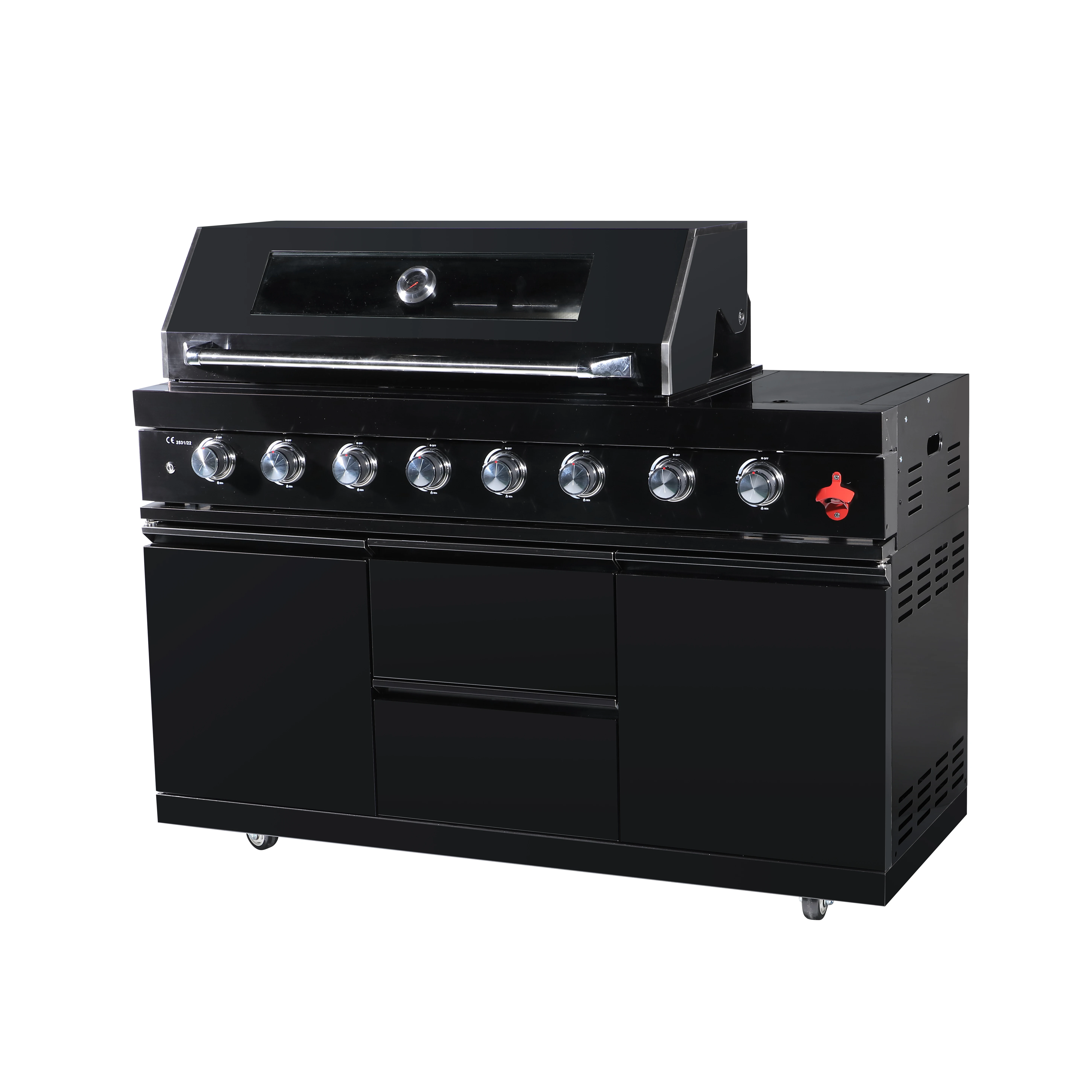 Outdoor Black Kitchen and Counter Top With Refrigerator and Sink