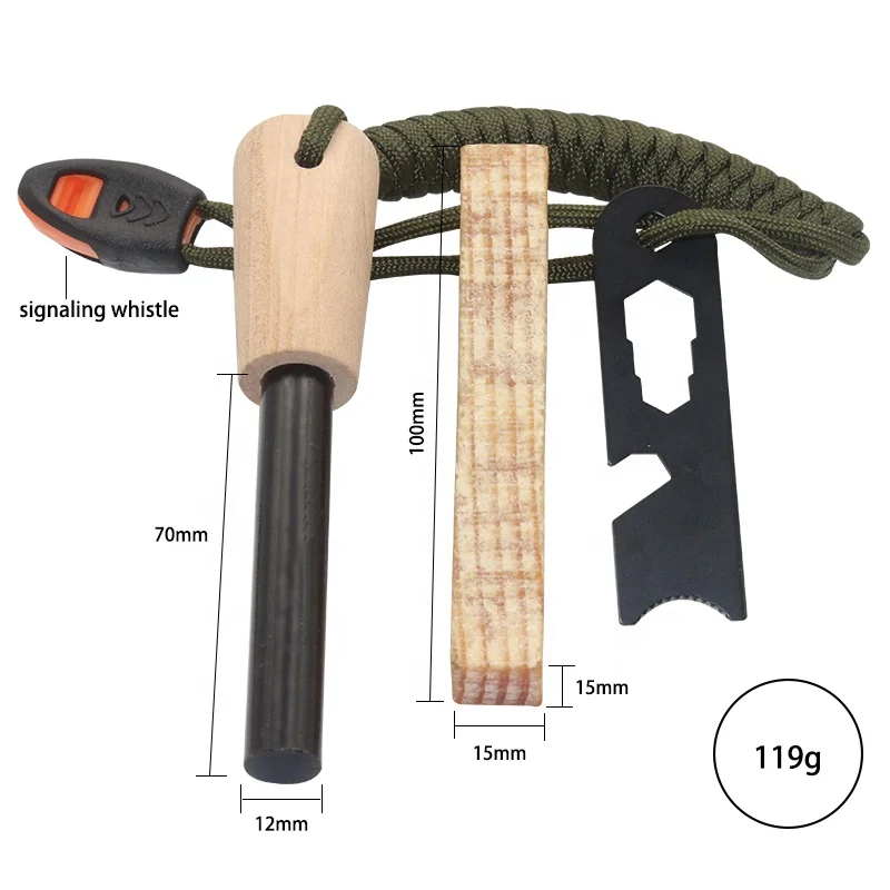 EDC Outdoor Gifts Custom Wood Handle Ferro Rod Fatwood Fire Starter for Camping Fire Kit