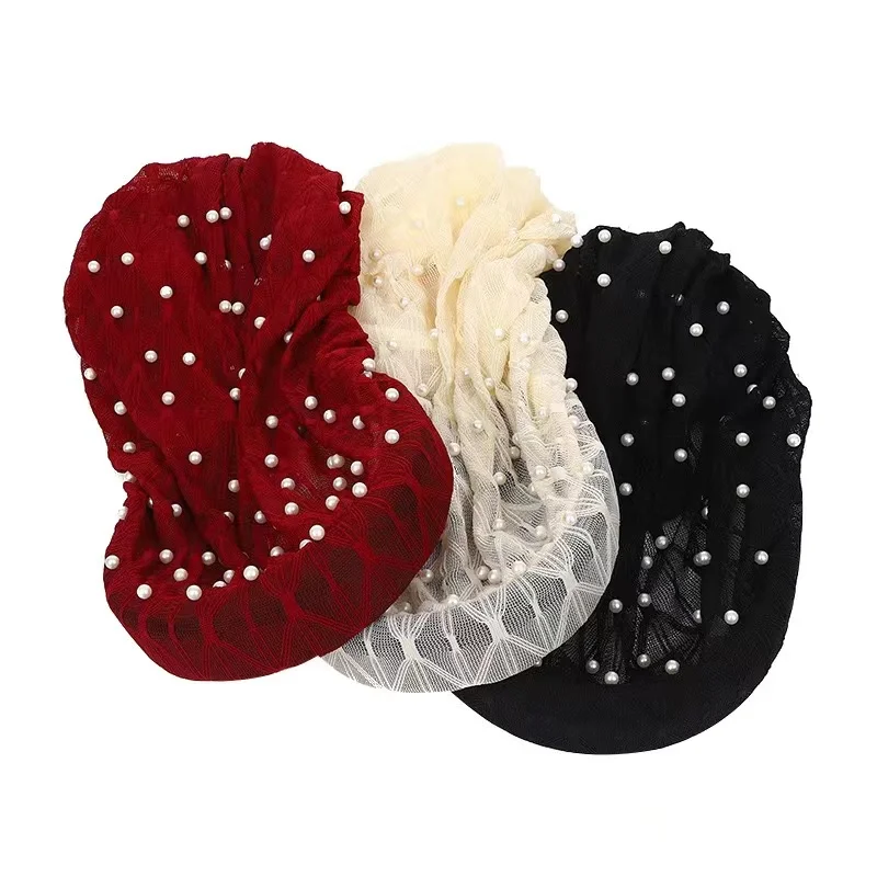 Yiwu Muqian Trading Firm Full head hat with lace bow internet celebrity hot style Beaded headscarf and hat for Muslim women