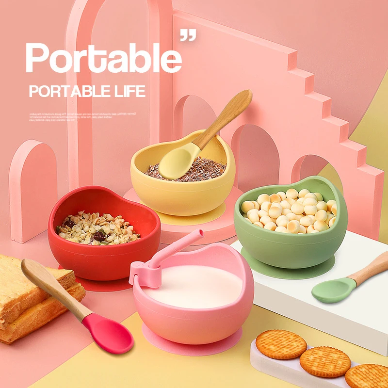 Silicone Child Food Grade Suction Bowl Plate Kid Baby Feeding Tableware Silicone Bowl With Straw Spoon