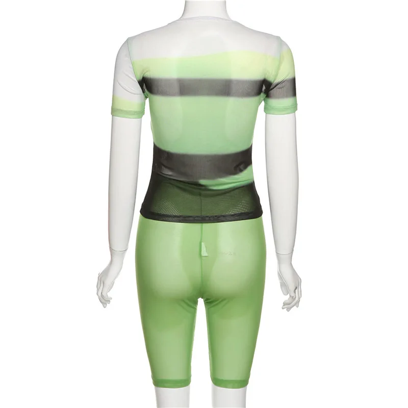 MD-2022061310    casual fashion short sleeve mesh printed top and shorts woman two piece set clothing