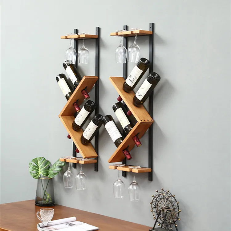 Home Decor Wooden Wall Glass Organizer Shelves Wall-mounted Wine Display Racks Metal Wine Rack