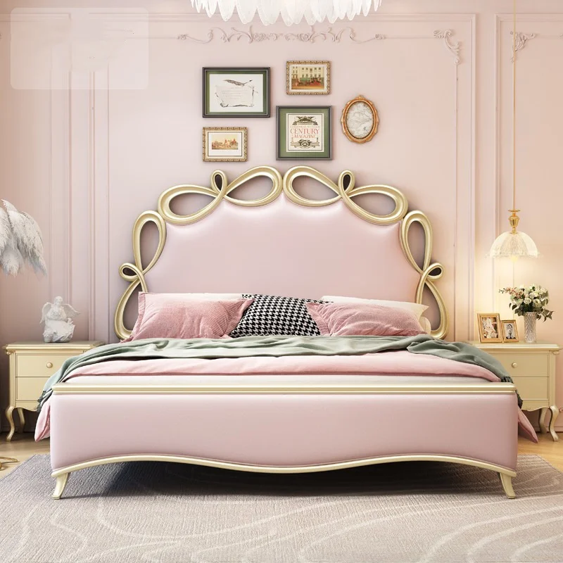 Bedroom Furniture Set Leather Upholstered King Size Wood Frame Double Bed Storage Princess Wooden Bed Pink Luxury Royal Bed