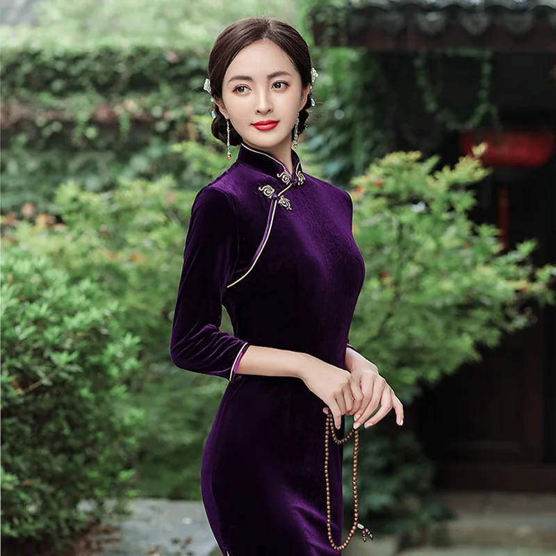 Новое бархатное платье Cheongsam со средним рукавом однотонное приталенное Модное Длинное темпераментное оптом