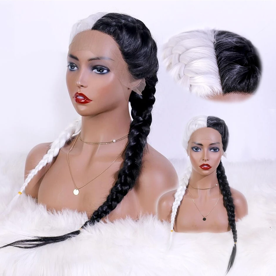 Blonde Ombre Black Double Braided Wigs Middle Part Synthetic Lace Wig Heat Resistant Colorful Lace Wig For Women Amazon Hot Sale