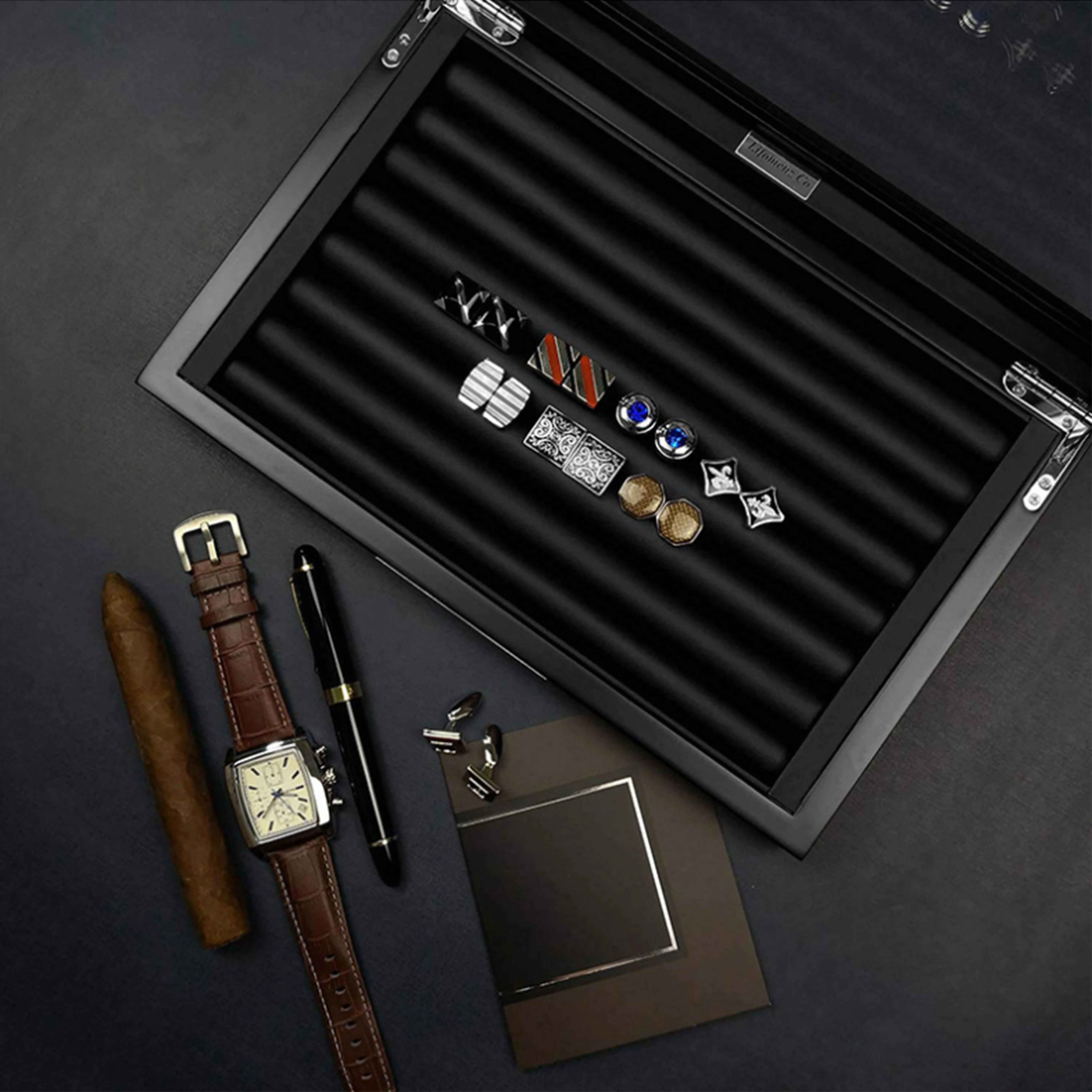 wholesale Custom wooden luxury black watch & Cufflinks packaging single storage display gift box  jewelry storage packaging box