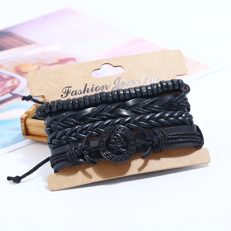 Retro DIY woven imitation cowhide bracelet for men pirate skull style leather bracelet set