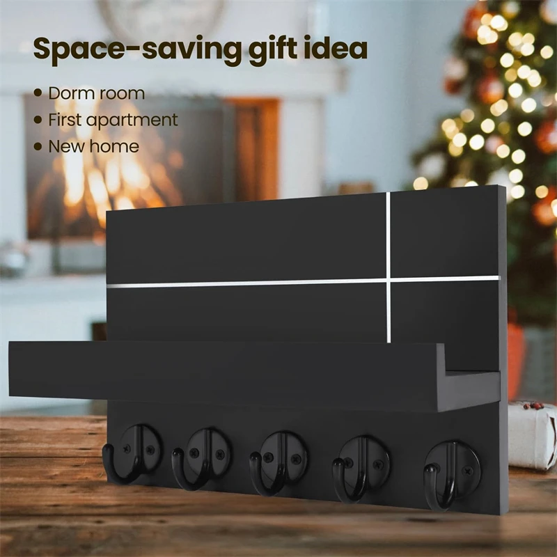 Decorative Wall Shelf with Hooks Holds Key Rings Dog Leash Wallet Purse Real Paulownia Wood Entryway Shelf