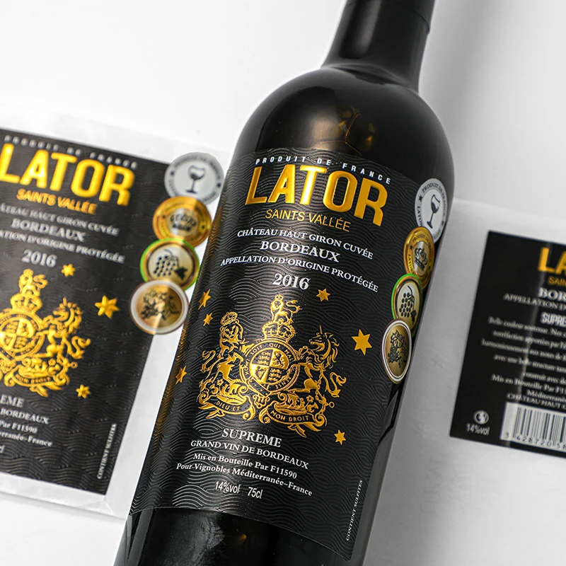 Customized Coated Paper Foil Embossed Wine Bottle Self Adhesive Label Roll Wine Sticker Label
