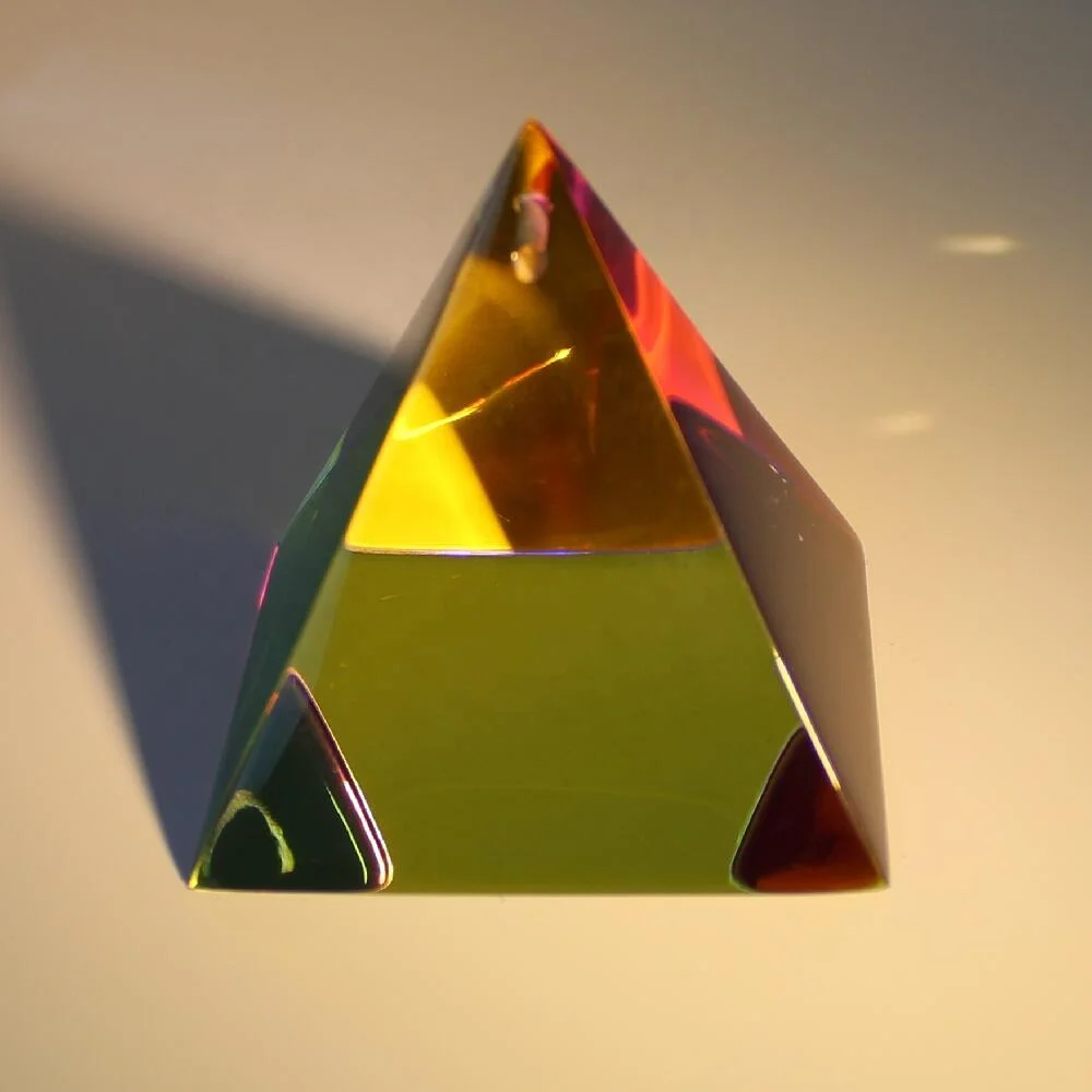 Optical three surface coated acrylic plastic pyramid prism with hole for dangling decorations or key chains