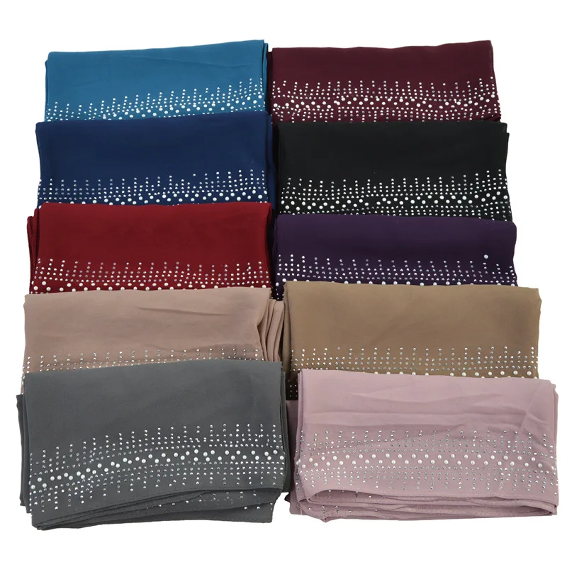 Monochrome ethnic jersey cotton scarf Hui nationality headscarf hot sale pearl chiffon porcelain hot drilling Muslim headscarf