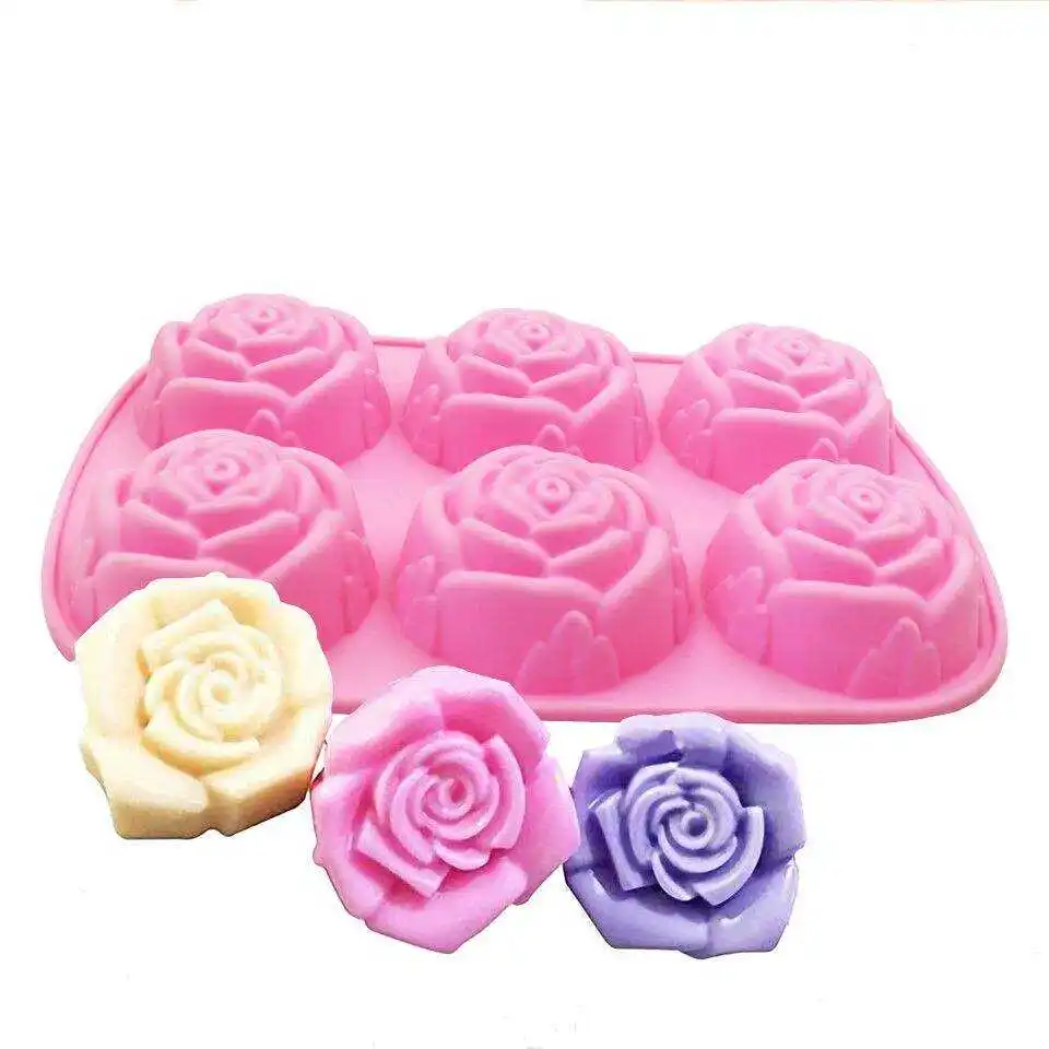 High Quality 6 Cavity Silicone baking pan chocolate mold rose shape buddy moon cake mold kitchen tool