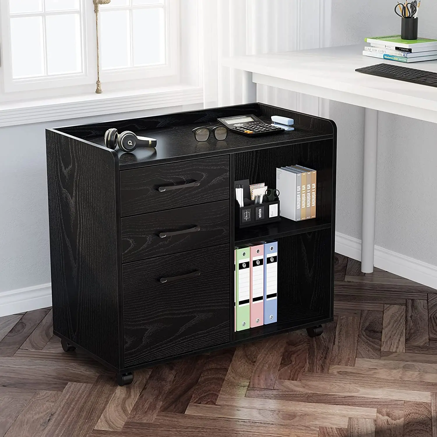 3-drawers file cabinet,mobile lateral printer stand with open storage shelf,rolling filing cabinet with wheels