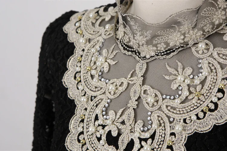 New Women Lace Crochet Hollow Out Tops Pearl Long Sleeve Blouses And Shirts Casual Female Plus Size Blouse