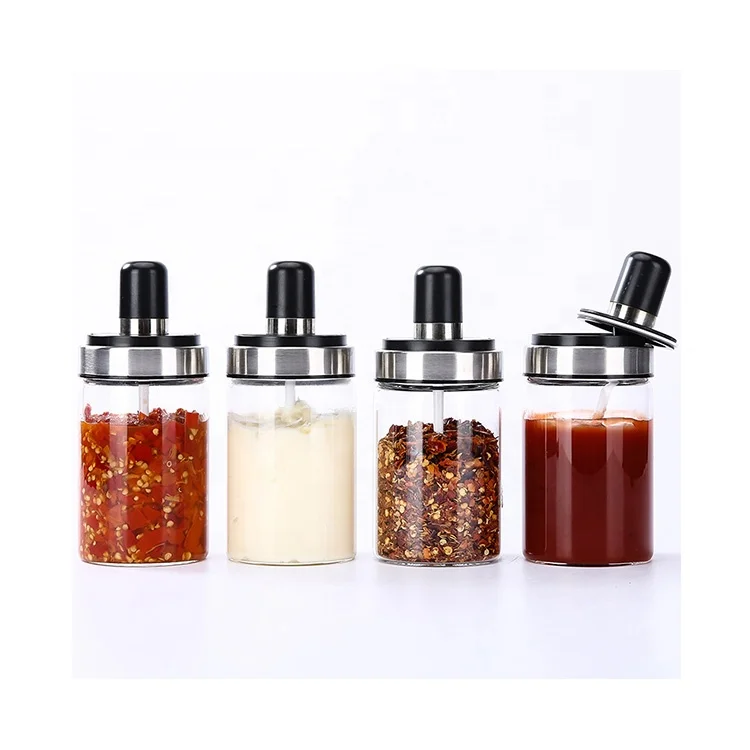 High quality 250ml borosilicate glass spice jar seasoning box jar condiment spice bottle with spoon lid